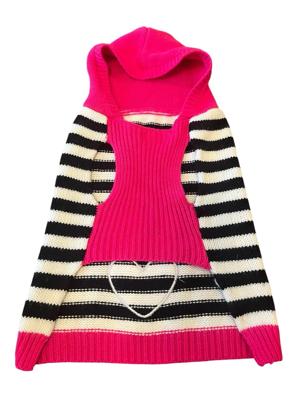 Bright Pink & Black Striped Hooded Knit Sweater Medium